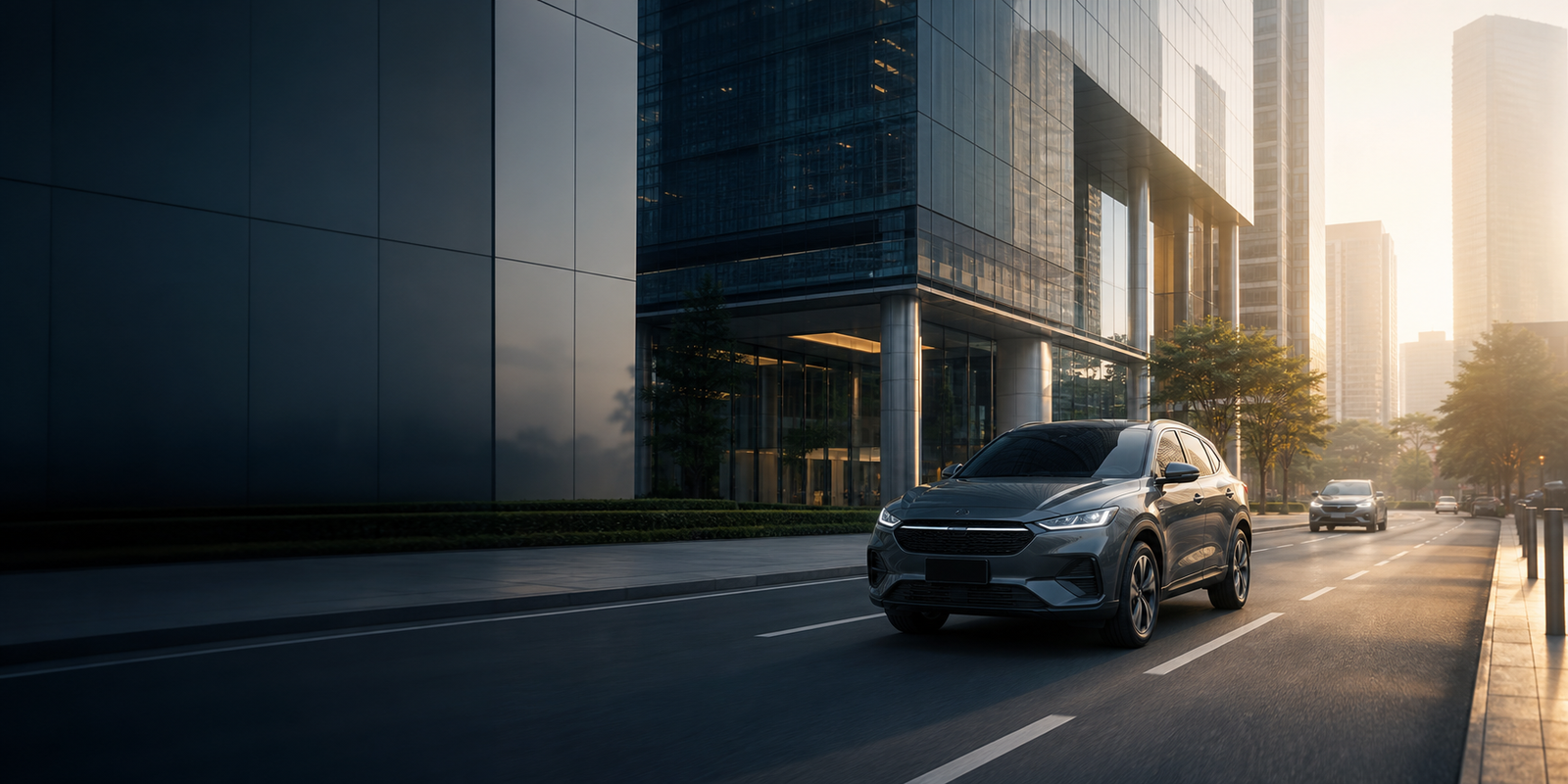 Premium vehicle moving through a modern business district